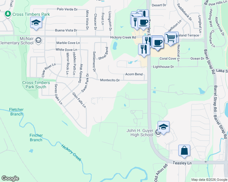 map of restaurants, bars, coffee shops, grocery stores, and more near 115 Old Alton Drive in Denton