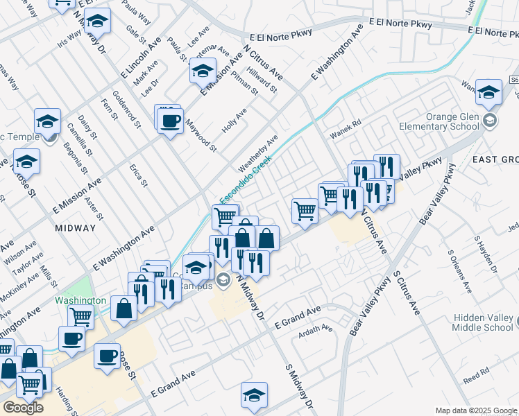 map of restaurants, bars, coffee shops, grocery stores, and more near 2280 East Valley Parkway in Escondido
