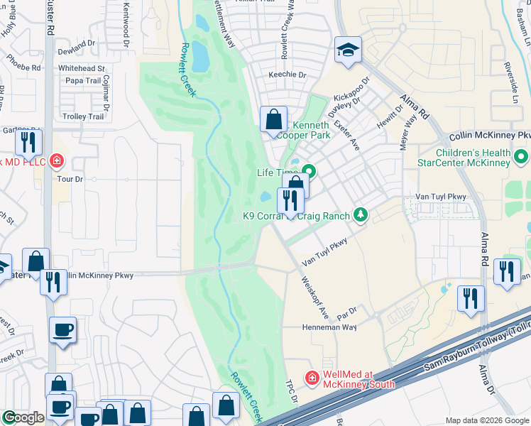 map of restaurants, bars, coffee shops, grocery stores, and more near 8000 Collin McKinney Parkway in McKinney