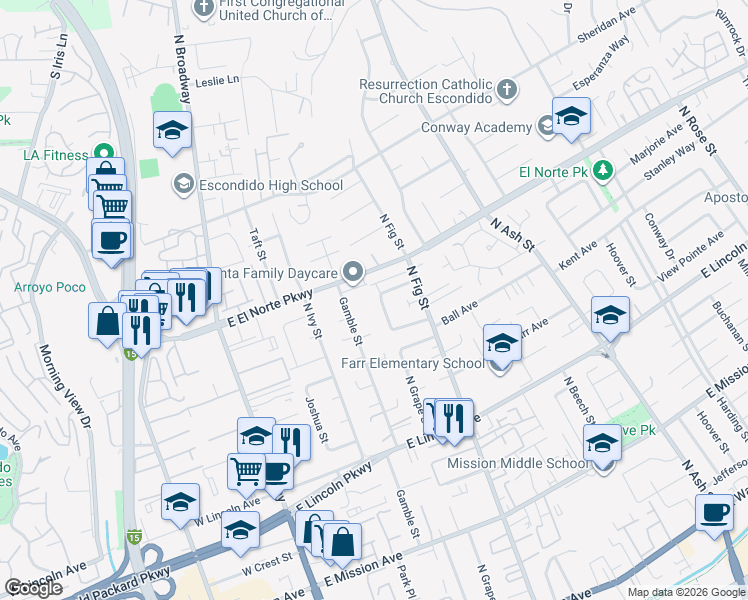 map of restaurants, bars, coffee shops, grocery stores, and more near 1257 North Grape Street in Escondido