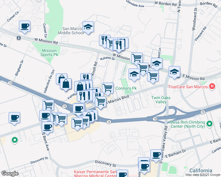 map of restaurants, bars, coffee shops, grocery stores, and more near 272 Los Vallecitos Boulevard in San Marcos