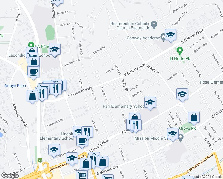 map of restaurants, bars, coffee shops, grocery stores, and more near 1257 North Grape Street in Escondido