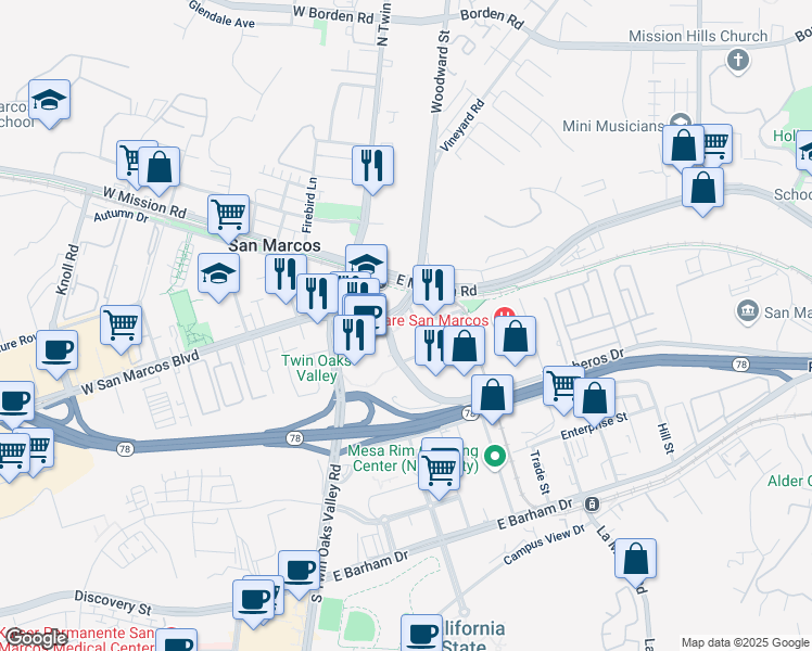 map of restaurants, bars, coffee shops, grocery stores, and more near 1 Civic Center Drive in San Marcos