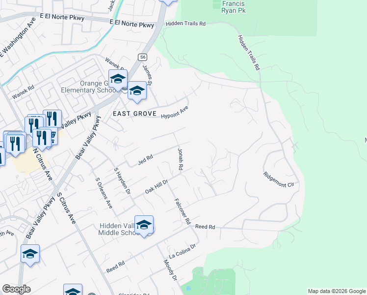map of restaurants, bars, coffee shops, grocery stores, and more near 2904 Jed Road in Escondido