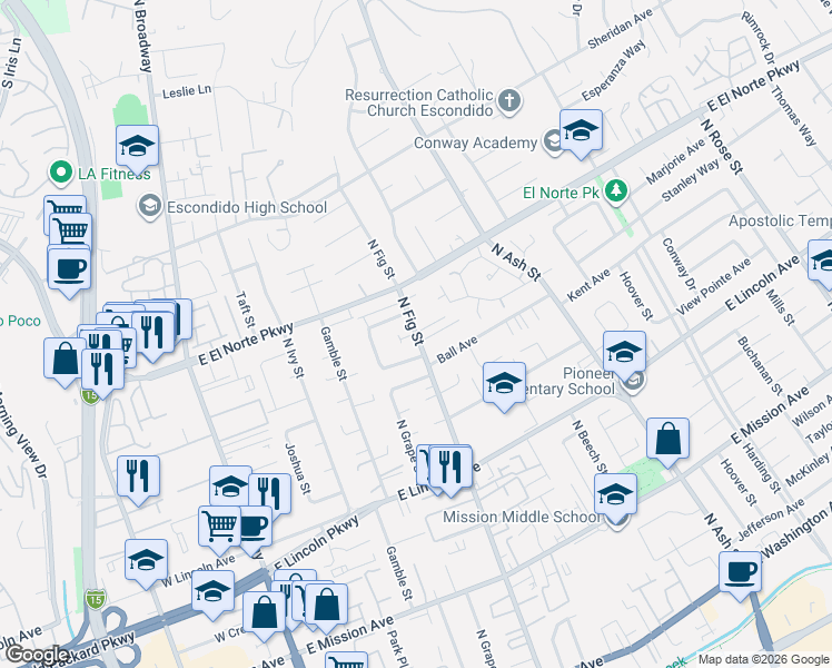 map of restaurants, bars, coffee shops, grocery stores, and more near 1229 North Fig Street in Escondido