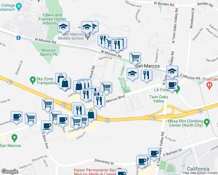 map of restaurants, bars, coffee shops, grocery stores, and more near 252-272 Los Vallecitos Boulevard in San Marcos