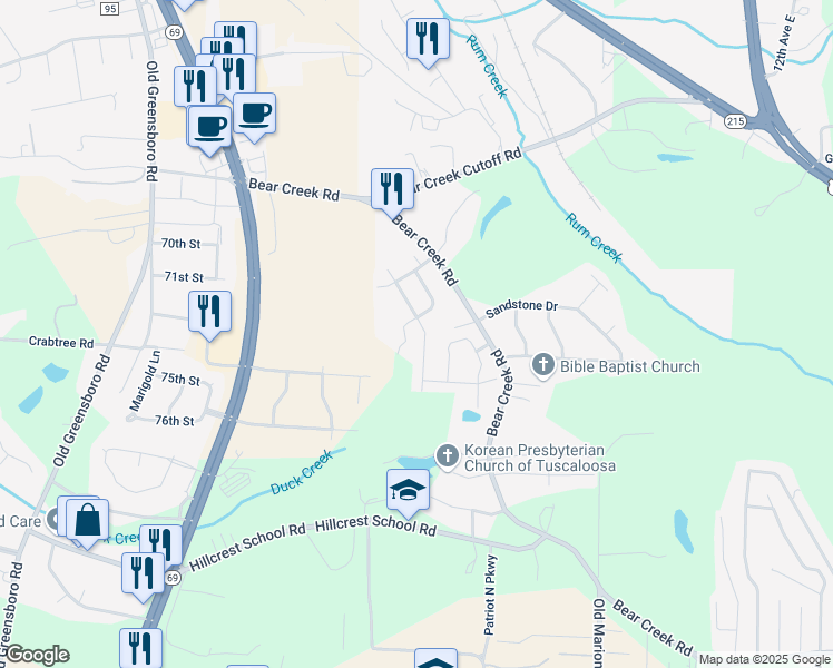 map of restaurants, bars, coffee shops, grocery stores, and more near 7200 Hud Lane in Tuscaloosa