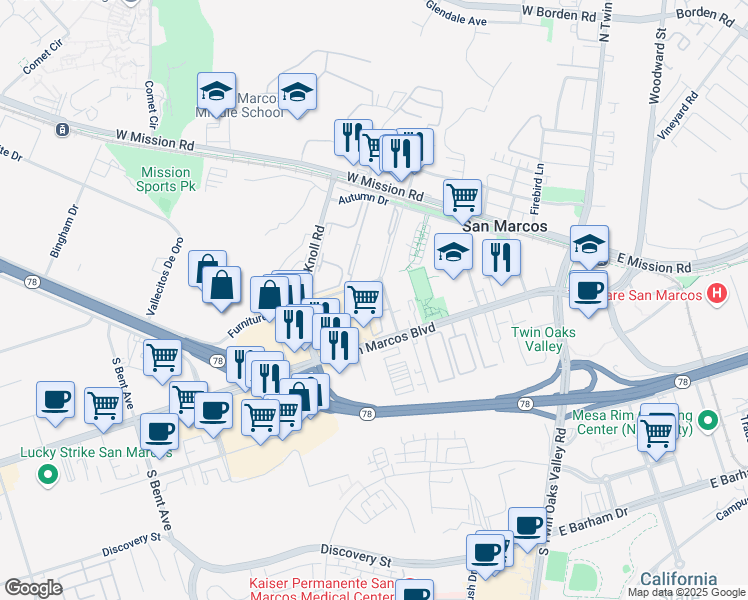 map of restaurants, bars, coffee shops, grocery stores, and more near 418 West San Marcos Boulevard in San Marcos