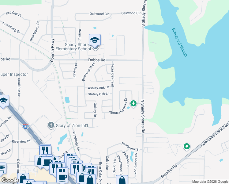 map of restaurants, bars, coffee shops, grocery stores, and more near 752 Texas Oak Trail in Lake Dallas