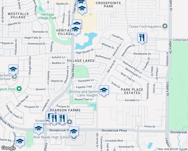 map of restaurants, bars, coffee shops, grocery stores, and more near 3274 Cedar Creek Trail in Frisco