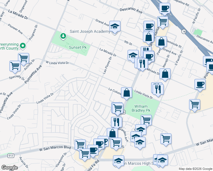 map of restaurants, bars, coffee shops, grocery stores, and more near 3728 La Colusa Drive in San Marcos