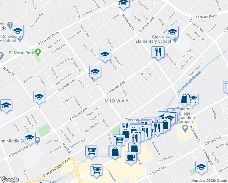 map of restaurants, bars, coffee shops, grocery stores, and more near 1661 East Mission Avenue in Escondido