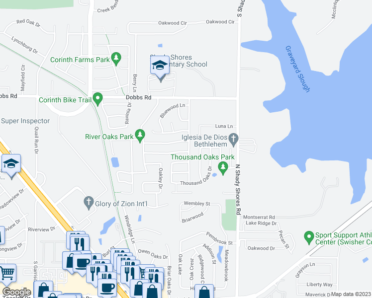 map of restaurants, bars, coffee shops, grocery stores, and more near 311 Stately Oak Lane in Lake Dallas