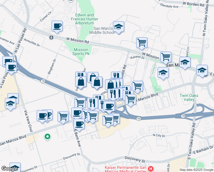 map of restaurants, bars, coffee shops, grocery stores, and more near 185 North Echo Lane in San Marcos