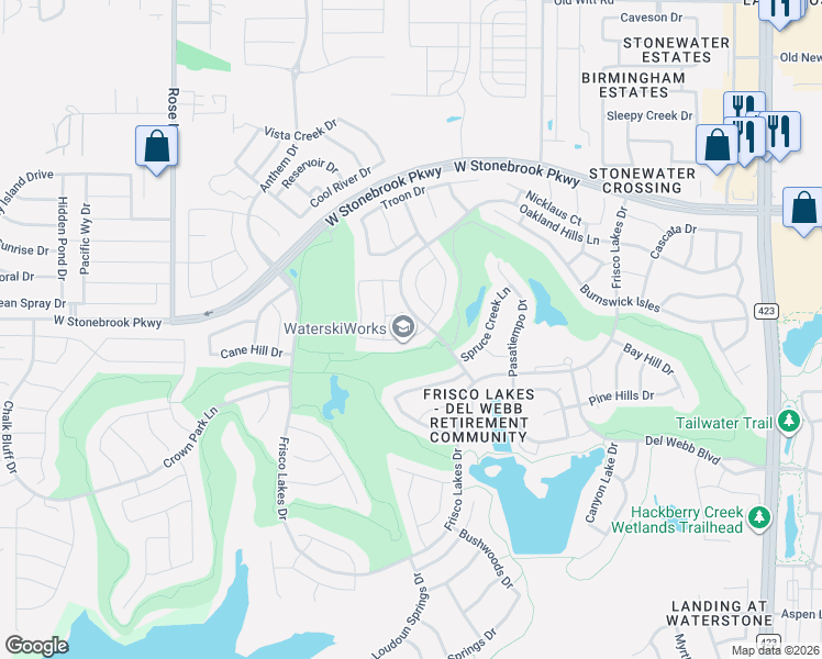 map of restaurants, bars, coffee shops, grocery stores, and more near 1432 Birmingham Forest Drive in Frisco