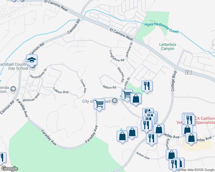 map of restaurants, bars, coffee shops, grocery stores, and more near 5250 Milton Road in Carlsbad