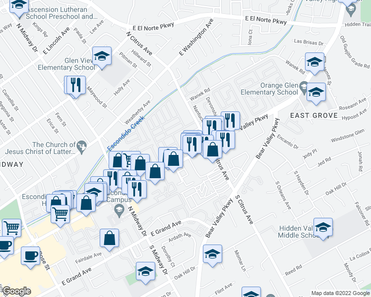 map of restaurants, bars, coffee shops, grocery stores, and more near in Escondido