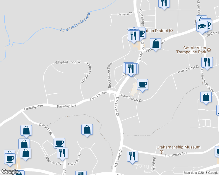 map of restaurants, bars, coffee shops, grocery stores, and more near Brookhaven Pass & Eastbrook Road in Vista