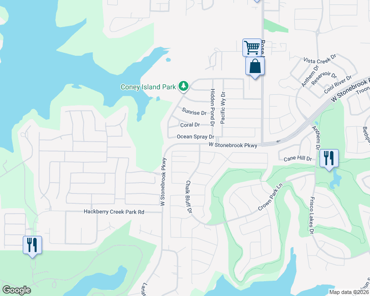 map of restaurants, bars, coffee shops, grocery stores, and more near 3198 Oyster Bay Drive in Frisco