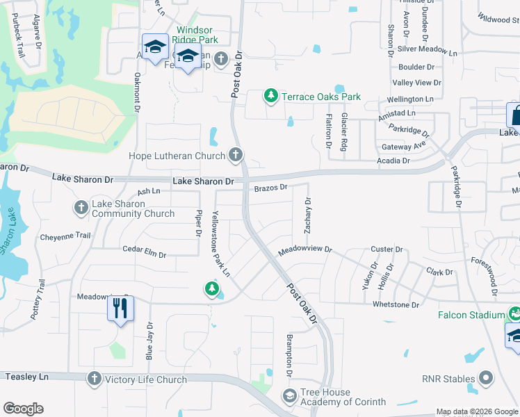 map of restaurants, bars, coffee shops, grocery stores, and more near 2107 Barton Springs Drive in Corinth