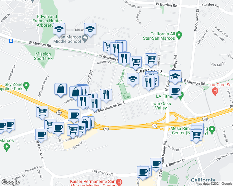 map of restaurants, bars, coffee shops, grocery stores, and more near 213 Westlake Drive in San Marcos