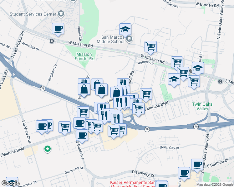 map of restaurants, bars, coffee shops, grocery stores, and more near 61 Knoll Road in San Marcos