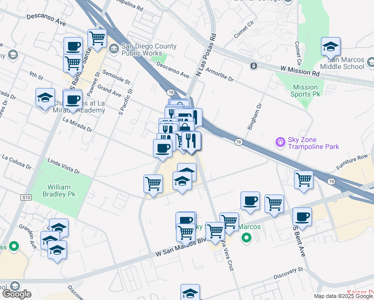 map of restaurants, bars, coffee shops, grocery stores, and more near North Las Posas Road in San Marcos