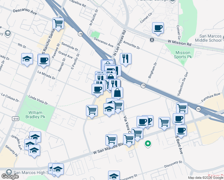 map of restaurants, bars, coffee shops, grocery stores, and more near 141 South Las Posas Road in San Marcos