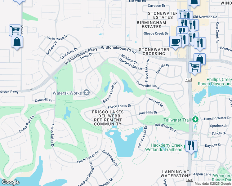 map of restaurants, bars, coffee shops, grocery stores, and more near 7506 Spruce Creek Lane in Frisco