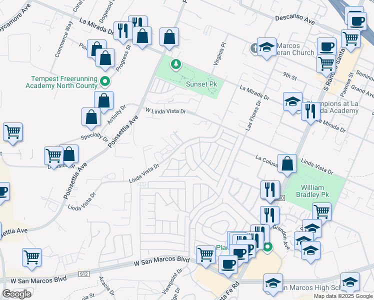 map of restaurants, bars, coffee shops, grocery stores, and more near 3535 Linda Vista Drive in San Marcos