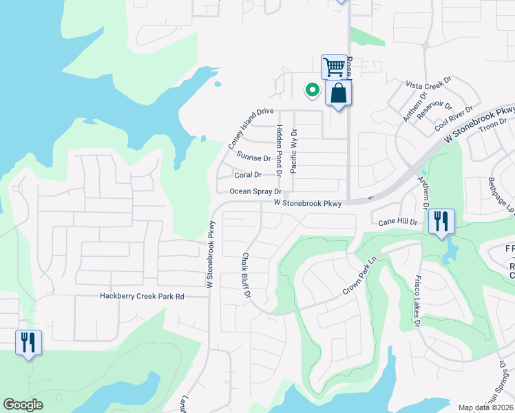 map of restaurants, bars, coffee shops, grocery stores, and more near 3012 Oyster Bay Drive in Frisco