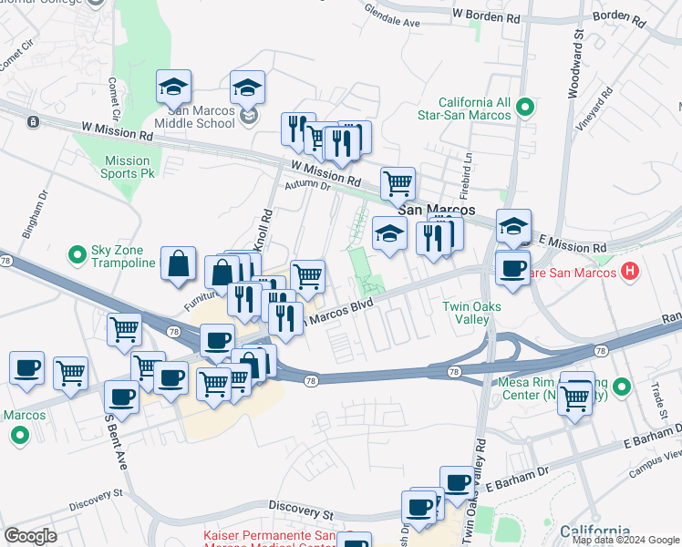 map of restaurants, bars, coffee shops, grocery stores, and more near 215 Westlake Drive in San Marcos
