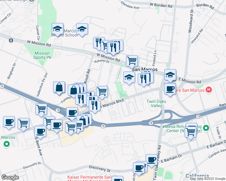 map of restaurants, bars, coffee shops, grocery stores, and more near in San Marcos