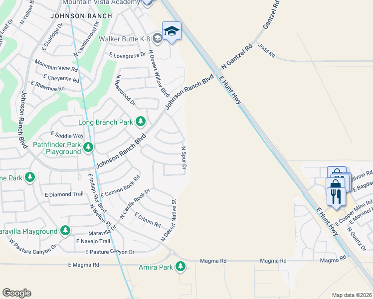 map of restaurants, bars, coffee shops, grocery stores, and more near 28793 North Spur Drive in Queen Creek