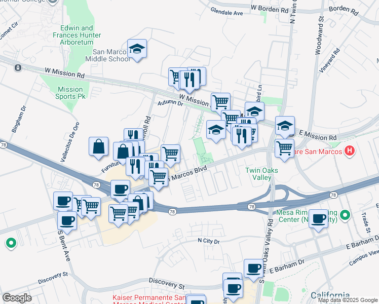 map of restaurants, bars, coffee shops, grocery stores, and more near 219 Westlake Drive in San Marcos