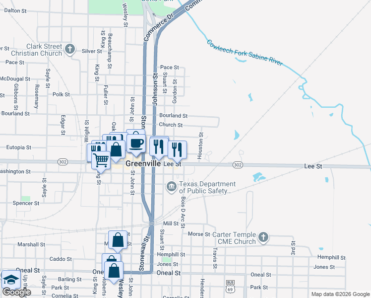 map of restaurants, bars, coffee shops, grocery stores, and more near 2124 Jordan Street in Greenville