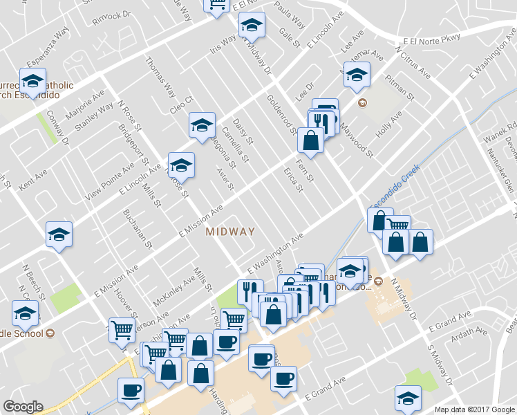 map of restaurants, bars, coffee shops, grocery stores, and more near 719 Begonia Street in Escondido