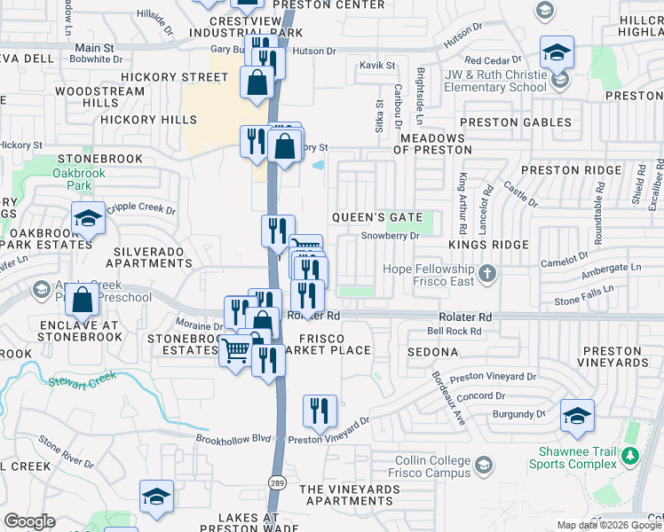 map of restaurants, bars, coffee shops, grocery stores, and more near 7548 Preston Road in Frisco