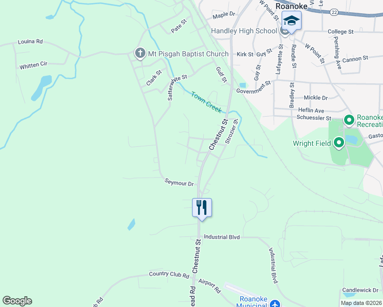 map of restaurants, bars, coffee shops, grocery stores, and more near 1151 Reed Street in Roanoke