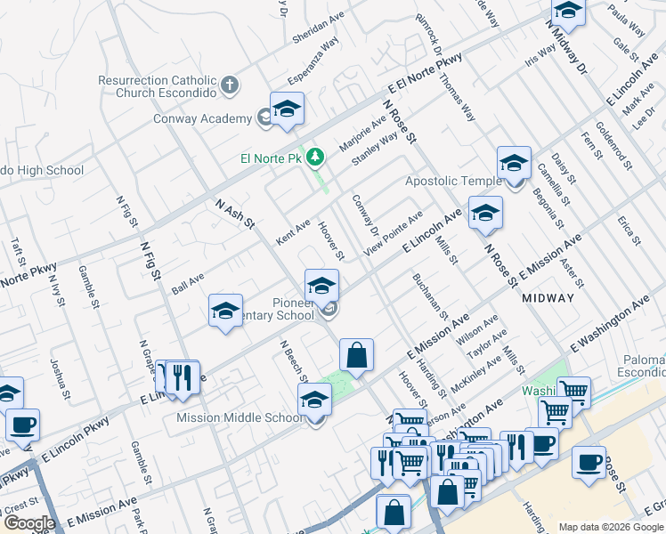map of restaurants, bars, coffee shops, grocery stores, and more near 1219 Armstrong Circle in Escondido