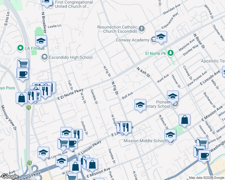 map of restaurants, bars, coffee shops, grocery stores, and more near 1229 North Fig Street in Escondido