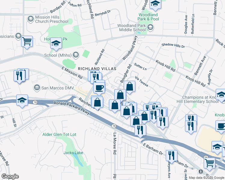 map of restaurants, bars, coffee shops, grocery stores, and more near 211 Woodland Parkway in San Marcos