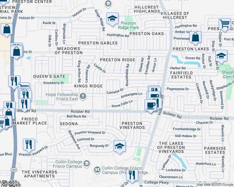 map of restaurants, bars, coffee shops, grocery stores, and more near 10317 Camelot Drive in Frisco