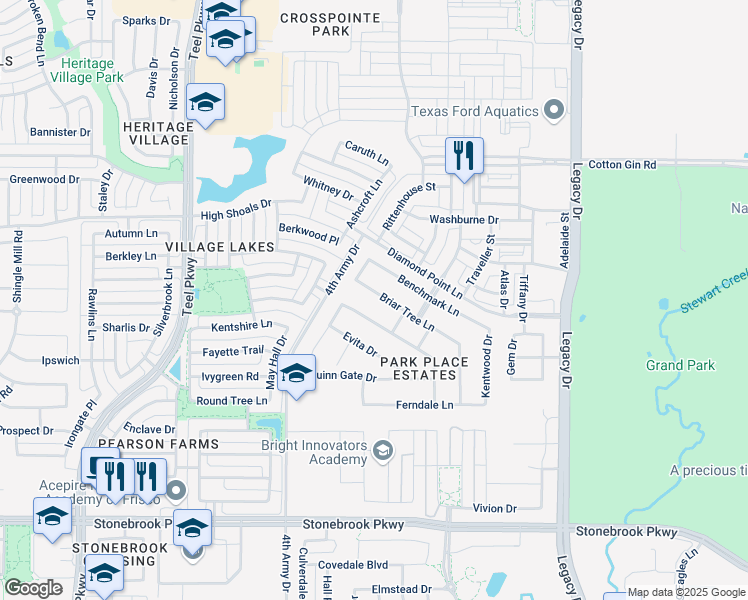 map of restaurants, bars, coffee shops, grocery stores, and more near 3747 Briar Tree Lane in Frisco