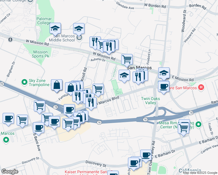 map of restaurants, bars, coffee shops, grocery stores, and more near 209 Westlake Drive in San Marcos