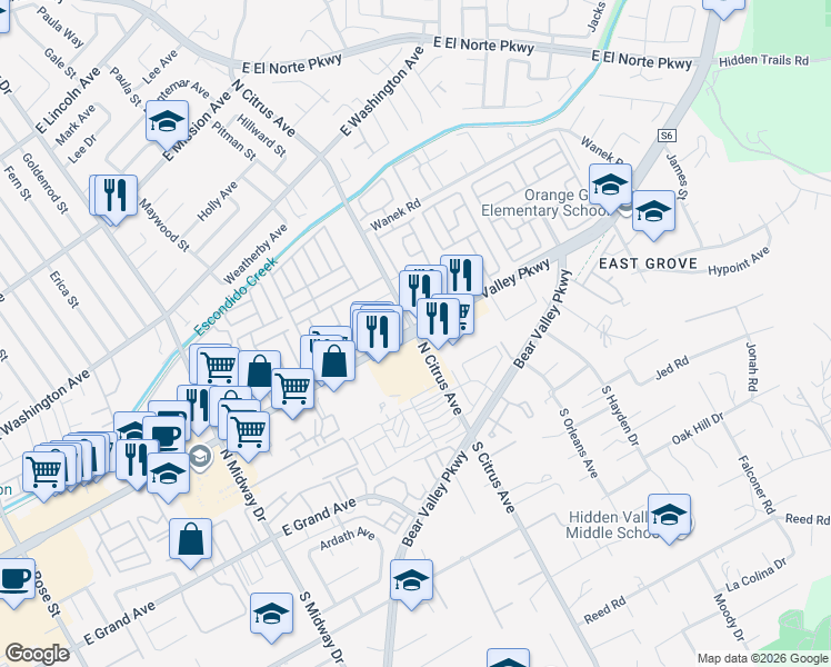 map of restaurants, bars, coffee shops, grocery stores, and more near East Valley Parkway & North Citrus Avenue in Escondido