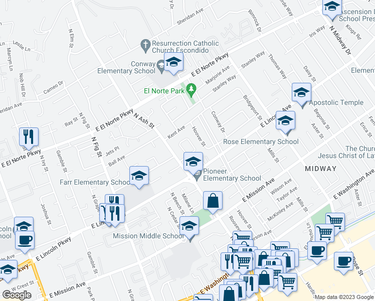 map of restaurants, bars, coffee shops, grocery stores, and more near 1256 Armstrong Circle in Escondido