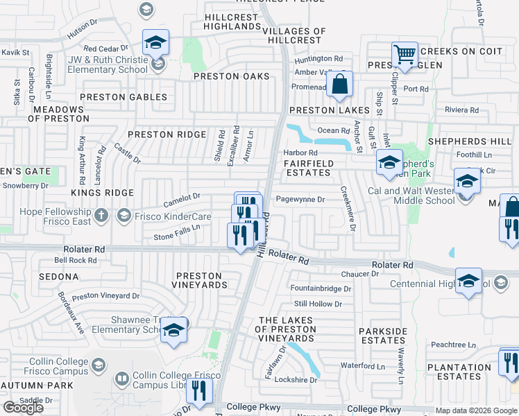 map of restaurants, bars, coffee shops, grocery stores, and more near 7506 Scarborough Lane in Frisco