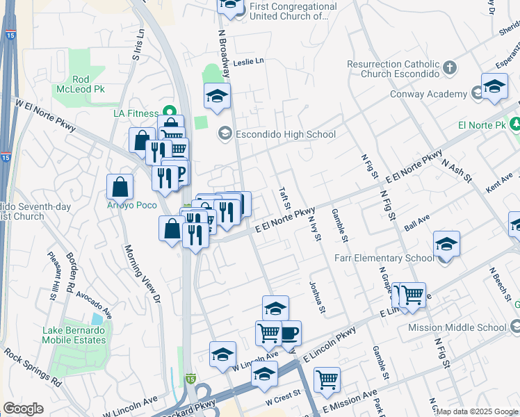 map of restaurants, bars, coffee shops, grocery stores, and more near 140 East El Norte Parkway in Escondido