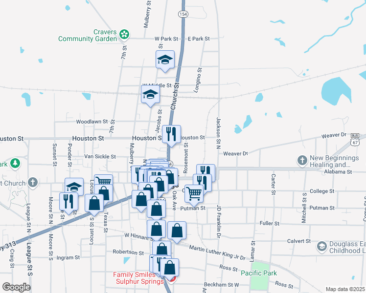 map of restaurants, bars, coffee shops, grocery stores, and more near 417 Rosemont Street in Sulphur Springs